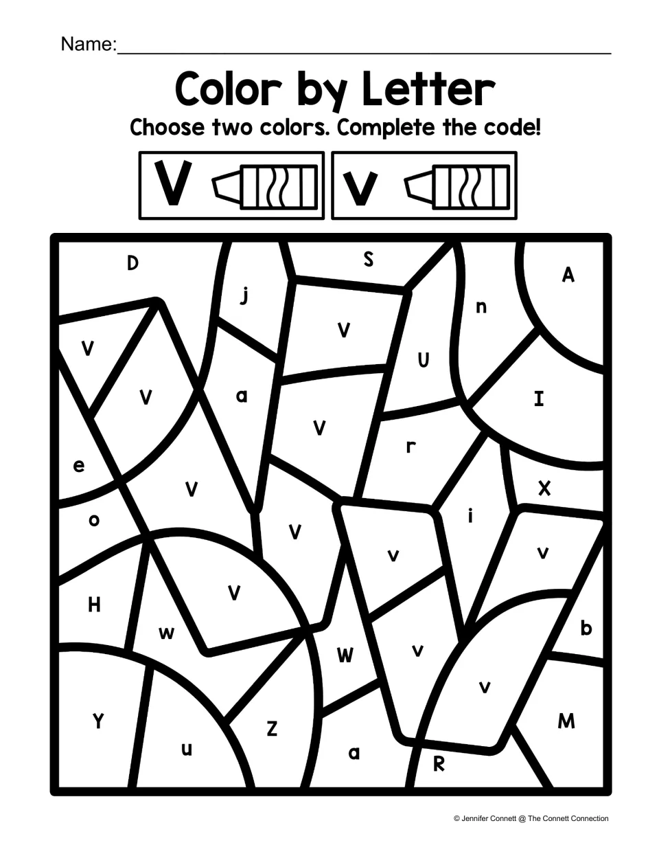 Letter V color-by-code worksheet showing uppercase V and lowercase v shapes, with a separate color for each
