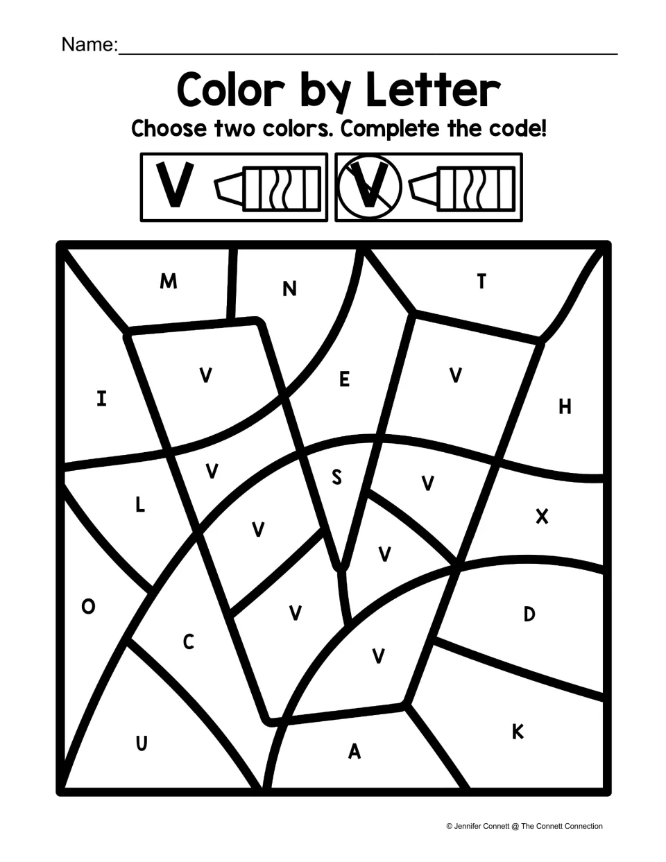 Uppercase V color-by-code worksheet featuring a large V, with two colors for V and other uppercase letters