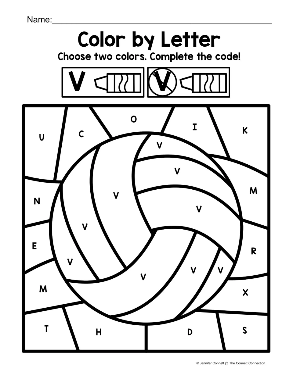 Volleyball color-by-code worksheet using one chosen color for uppercase V and another for other letters