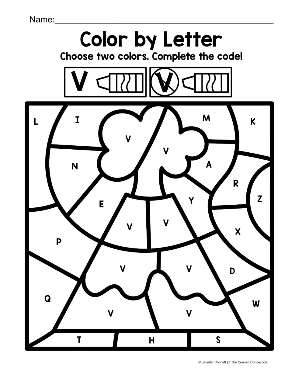 Volcano color-by-code worksheet using one chosen color for uppercase V and another for other letters