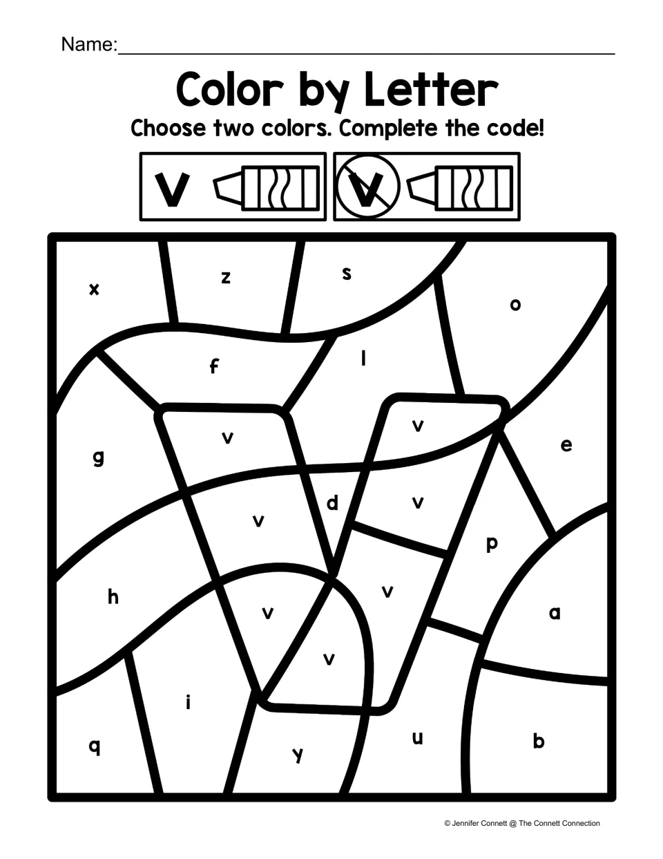 Lowercase v color-by-code worksheet featuring a large v, with two colors for v and other lowercase letters