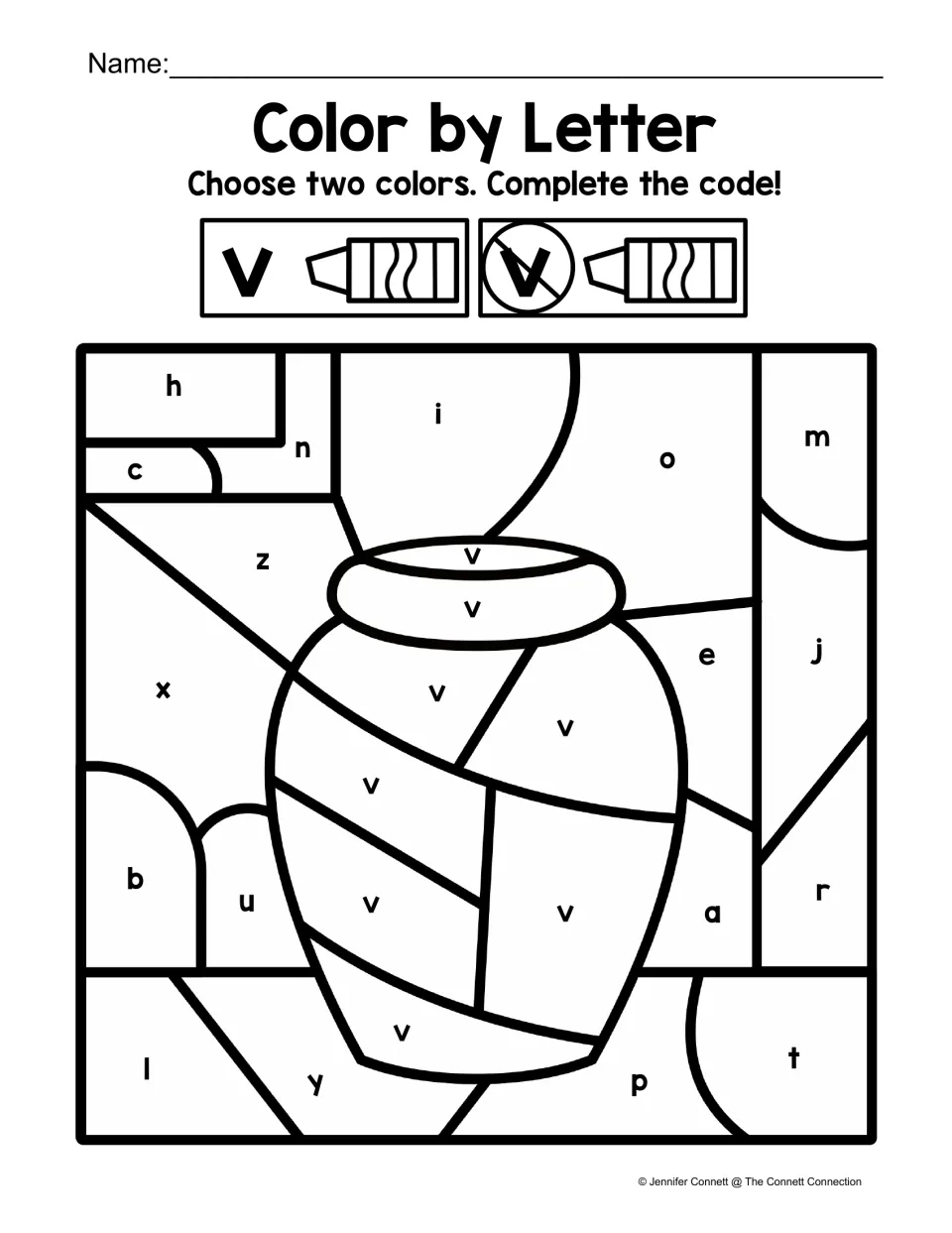 Vase color-by-code worksheet using one chosen color for lowercase v and another for other lowercase letters