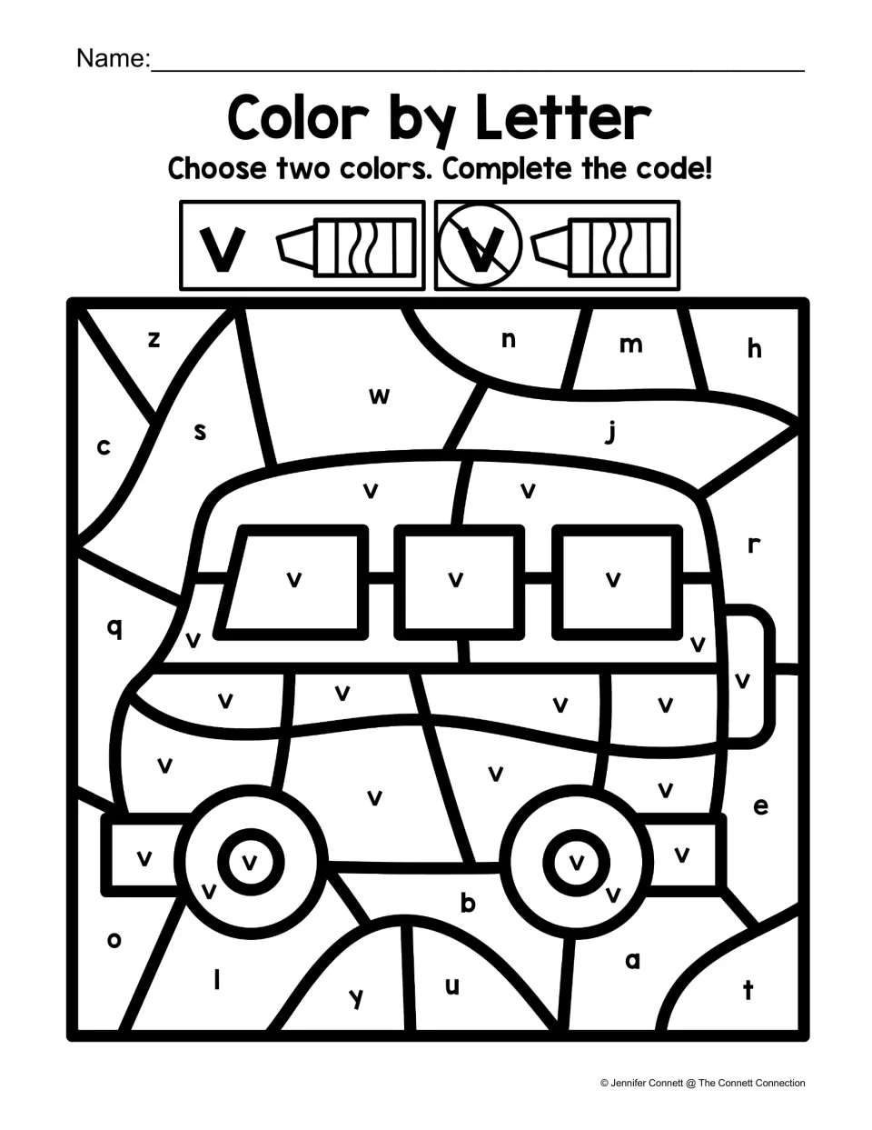 Van color-by-code worksheet using one chosen color for lowercase v and another for other lowercase letters