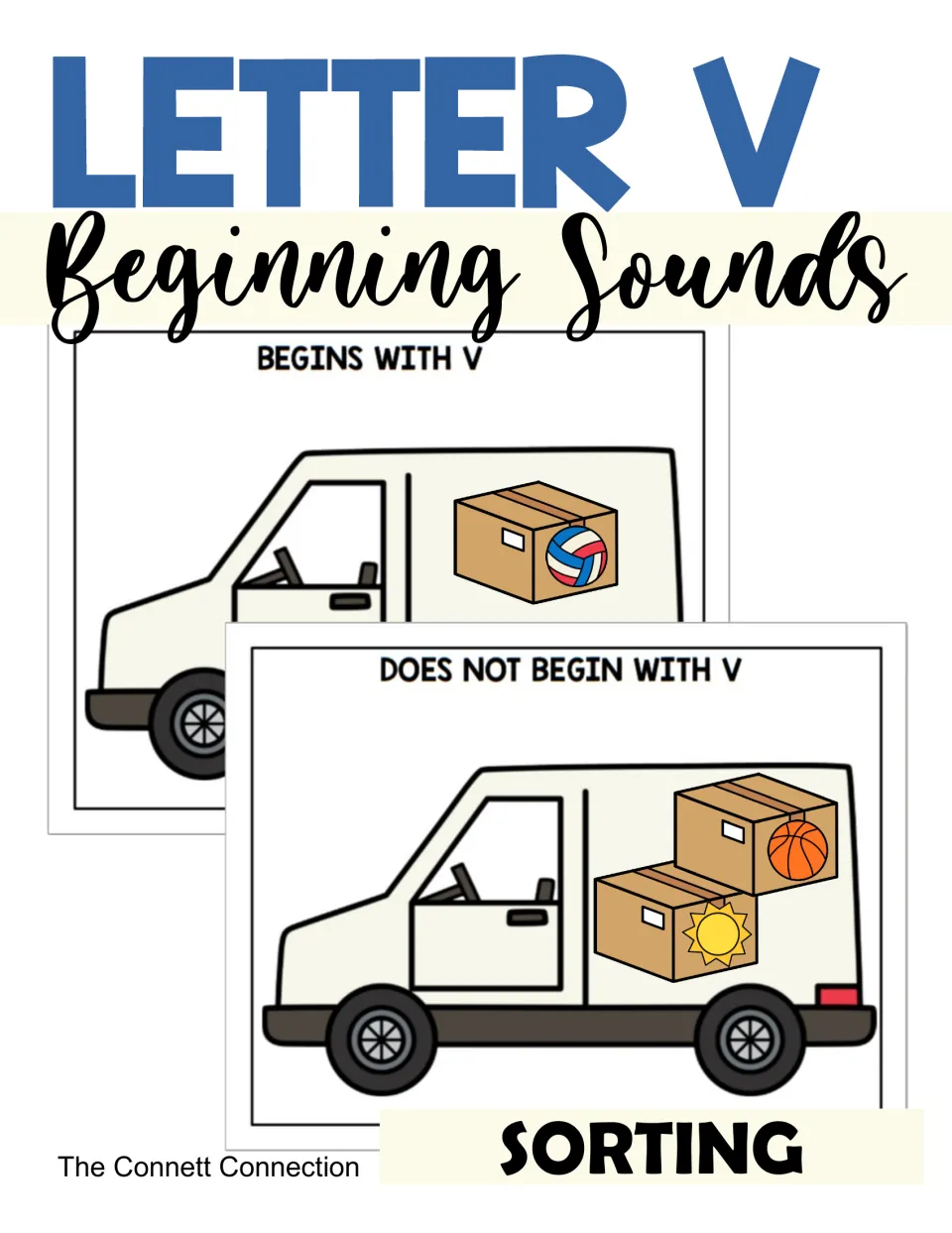 Letter V Beginning Sounds Sorting cover: two van mats labeled Begins With V and Does Not Begin With V with picture boxes