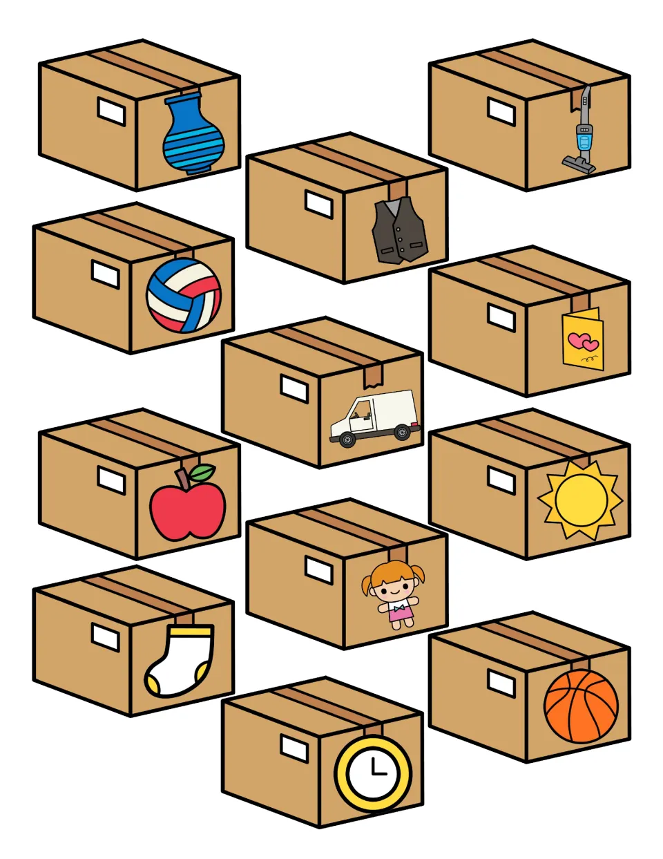 Picture cards: 12 boxes showing vase, vacuum, vest, volleyball, valentine, van, apple, sun, doll, sock, basketball, clock