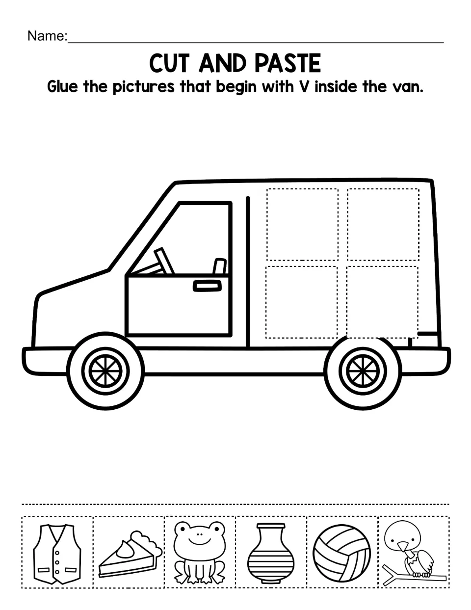 Letter V sound sort: students cut out pictures like vest, vase, volleyball and frog and glue the V words inside a van