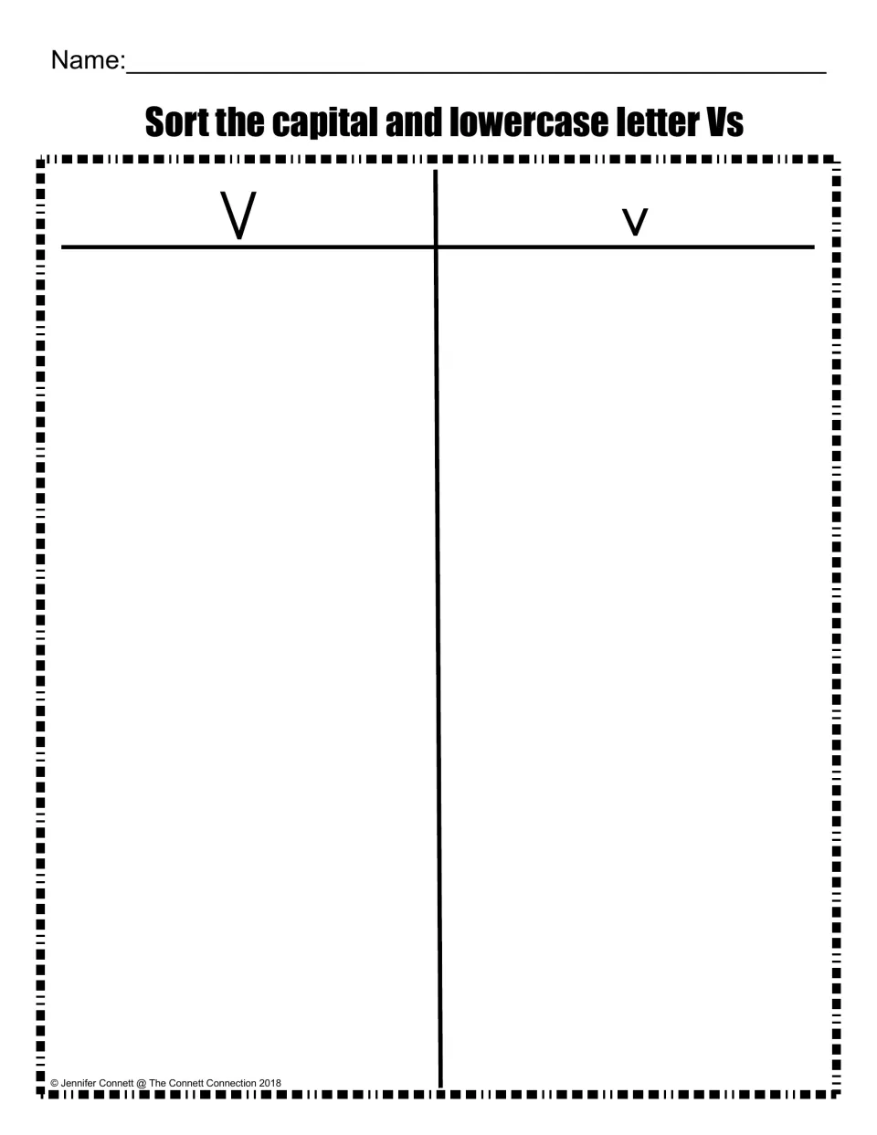 Capital and lowercase V sort mat: students place uppercase V letters under the V heading and lowercase ones under v