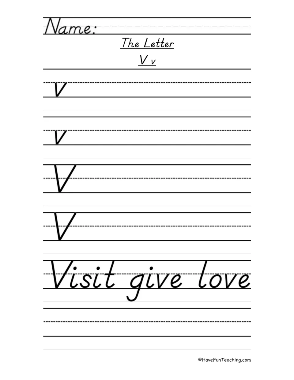 Letter V handwriting practice sheet with D'Nealian lowercase v, uppercase V, and the words Visit, give, love.