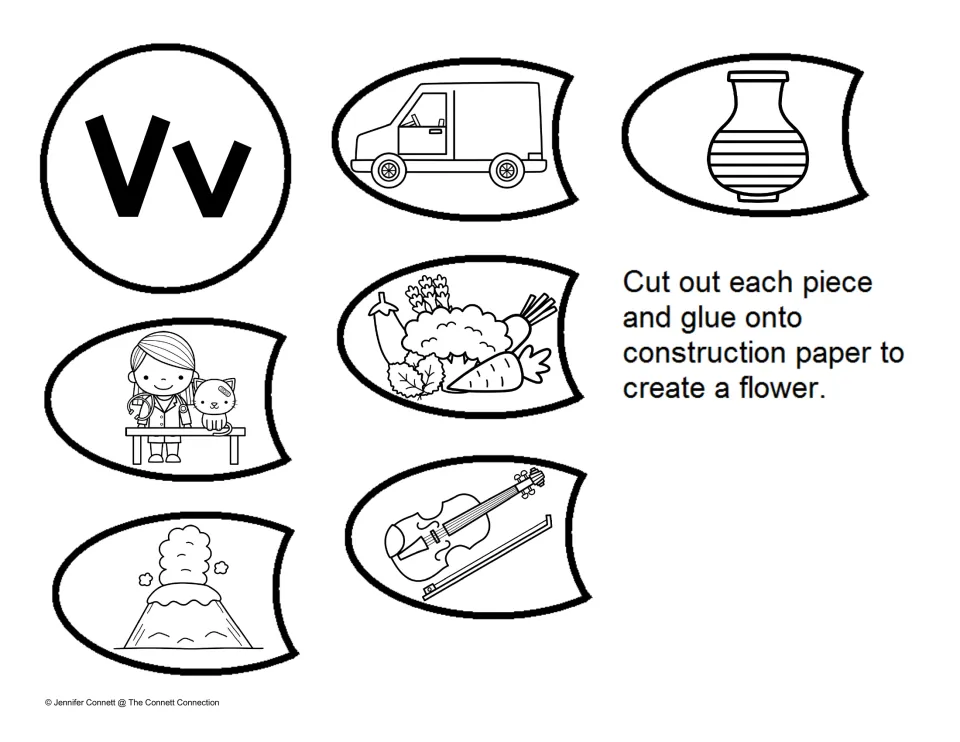 Letter V flower template with a Vv center and six picture petals: van, vase, vet, vegetables, volcano, violin