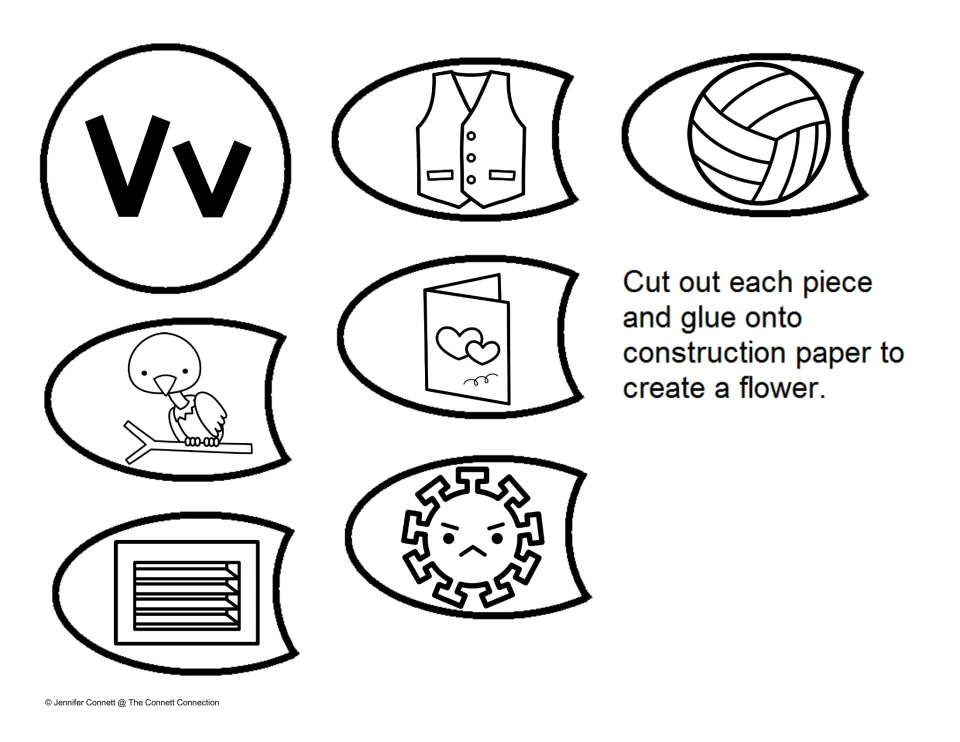 Letter V flower template with a Vv center and petals showing a vest, volleyball, vulture, valentine, vent and virus