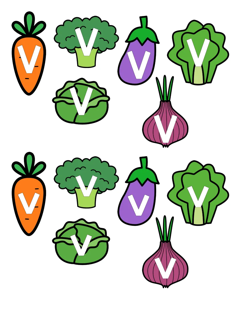 Vegetable sorting cards: 12 cut-outs (carrot, broccoli, eggplant, lettuce, cabbage, onion) with capital V or lowercase v