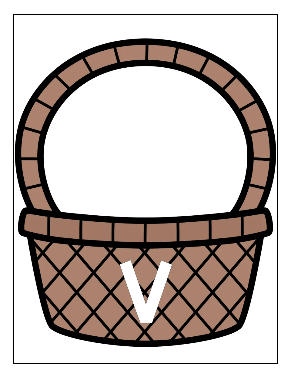 Capital V sorting mat: a woven basket labeled V where students place each vegetable card showing an uppercase V