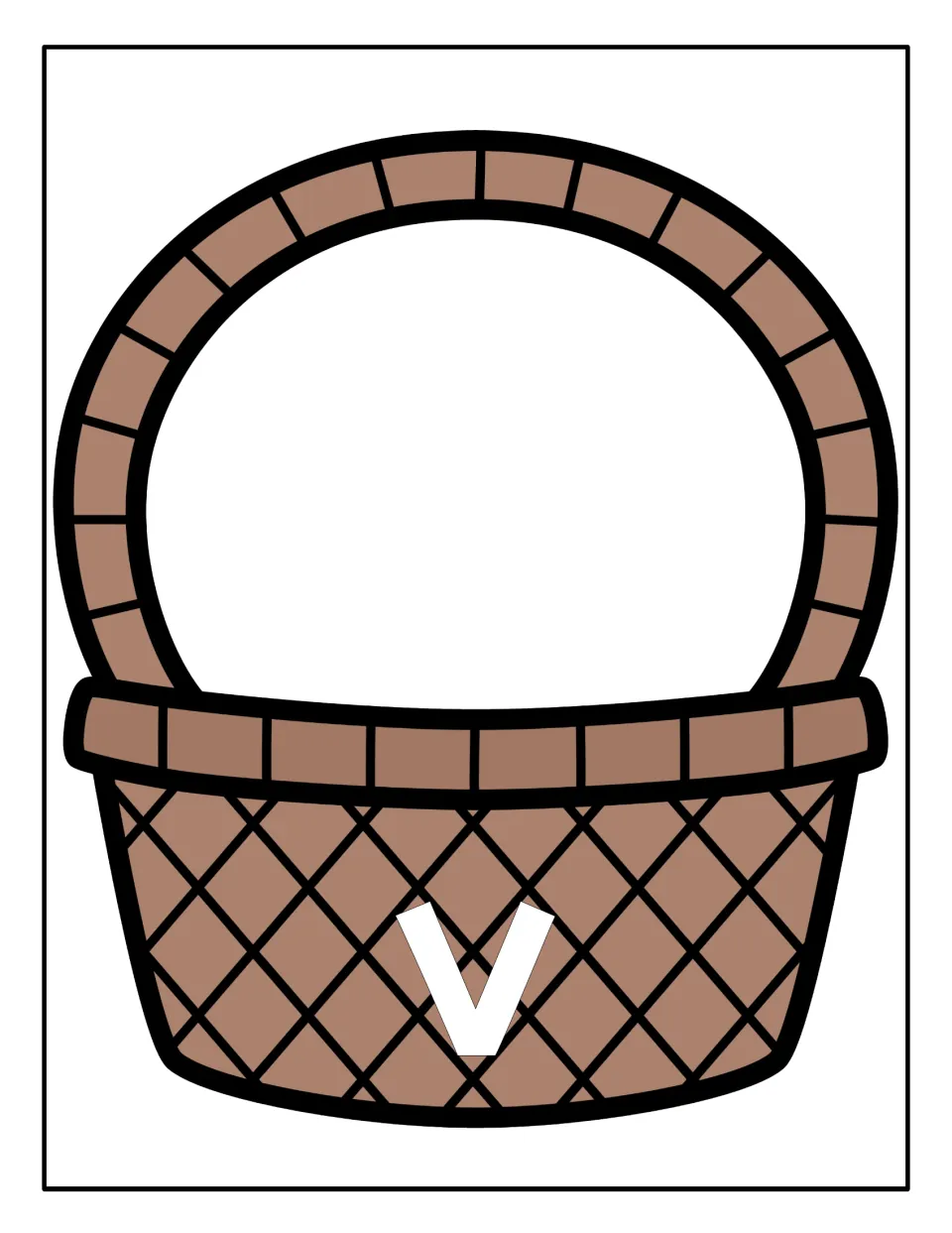Lowercase v sorting mat: a woven basket labeled v where students place each vegetable card showing a small letter v