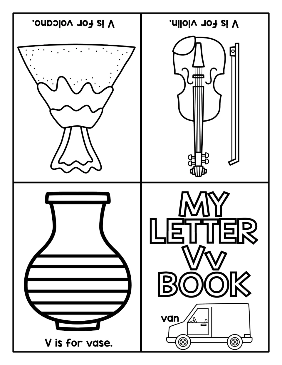 Letter Vv fold-up book: cover with van, then V is for vase, violin and volcano pages for students to color and read