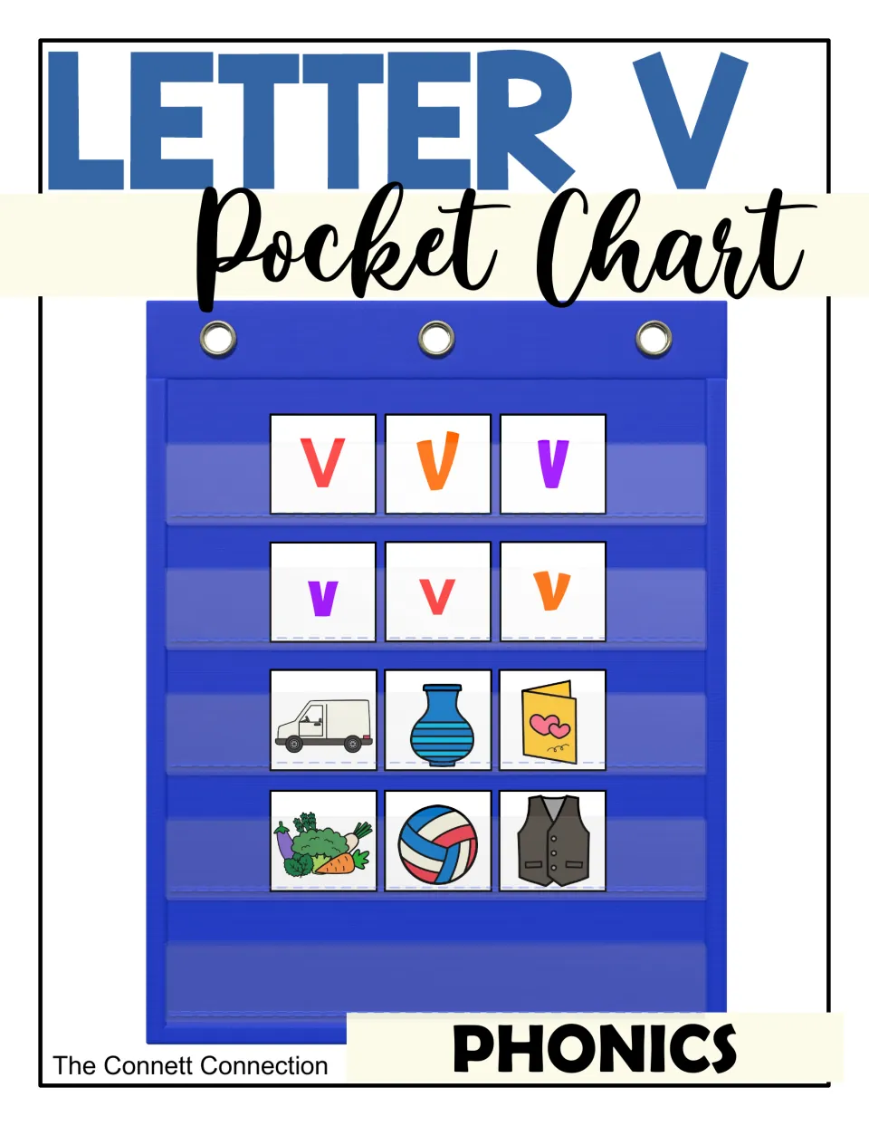 Letter V Pocket Chart cover: phonics cards showing uppercase and lowercase V beside pictures of a van, vase, vest and more