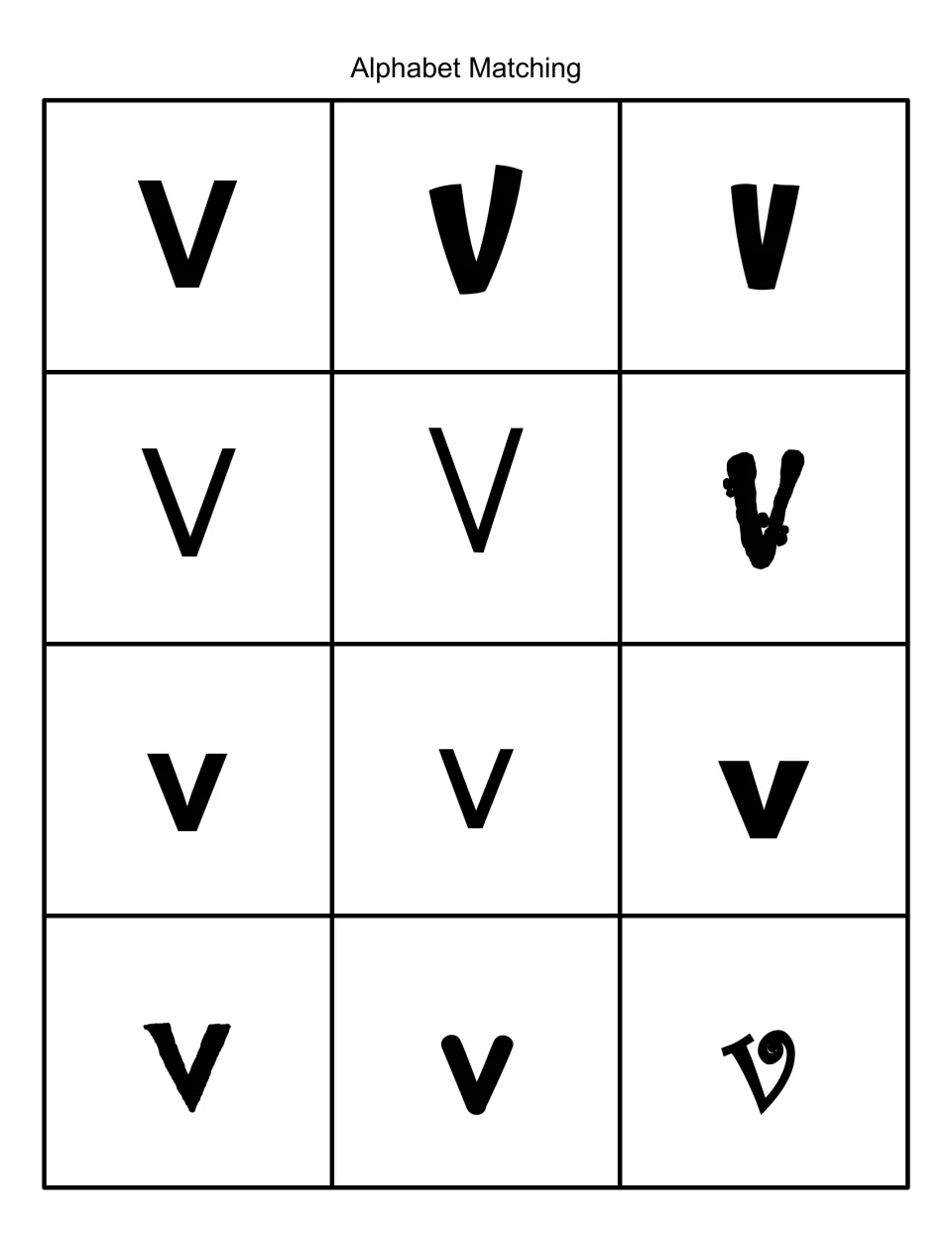 Alphabet matching letter cards: 12 black V and v cards in varied fonts for students to match uppercase to lowercase forms