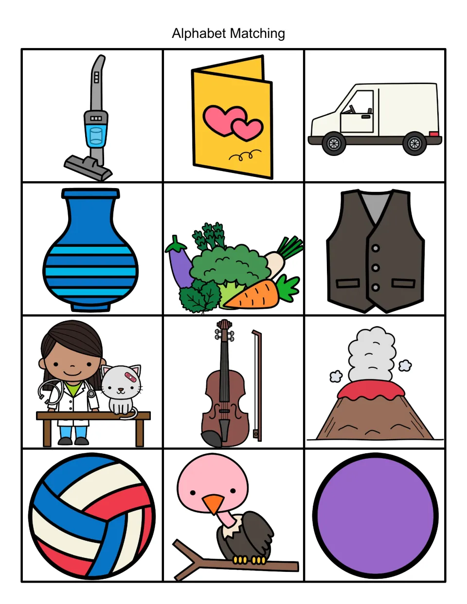 V picture cards: van, vase, vest, violin, volcano, vulture, vacuum, vet and more for matching pictures to the /v/ sound