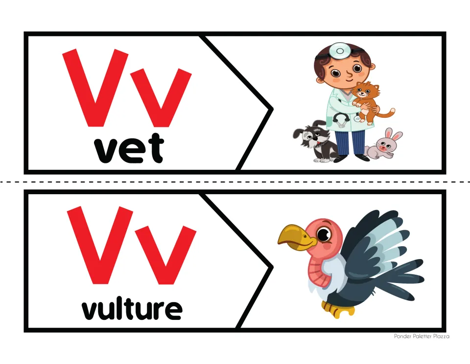 Letter V beginning sound puzzles: students match Vv word halves for vet and vulture to their pictures