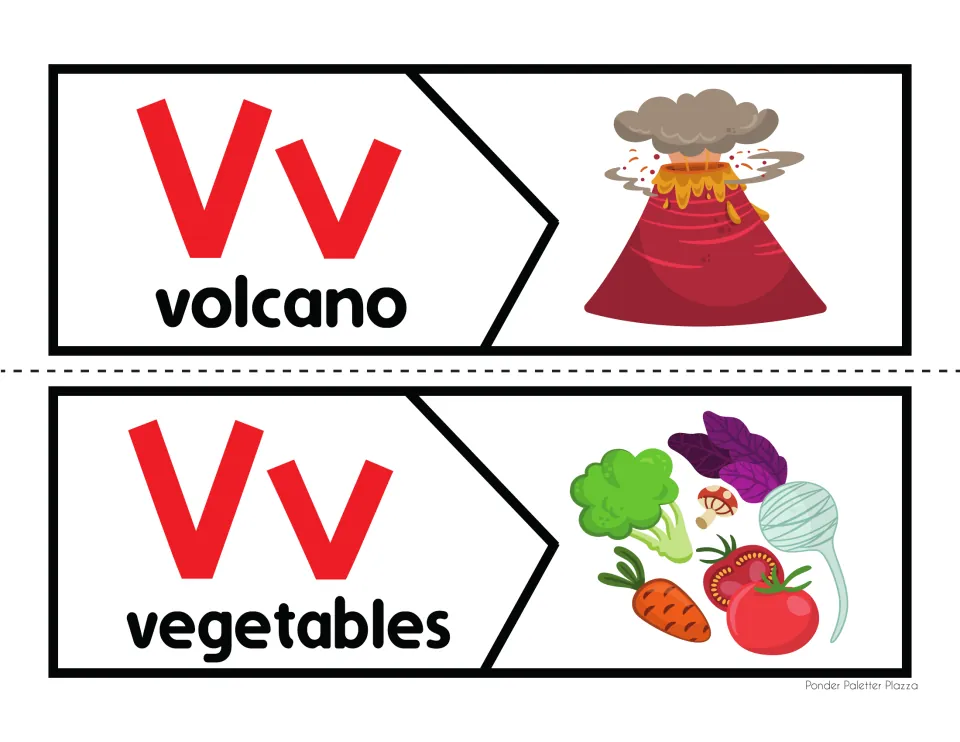 Two-piece Vv picture puzzles for volcano and vegetables: students join each word to its picture by the /v/ sound