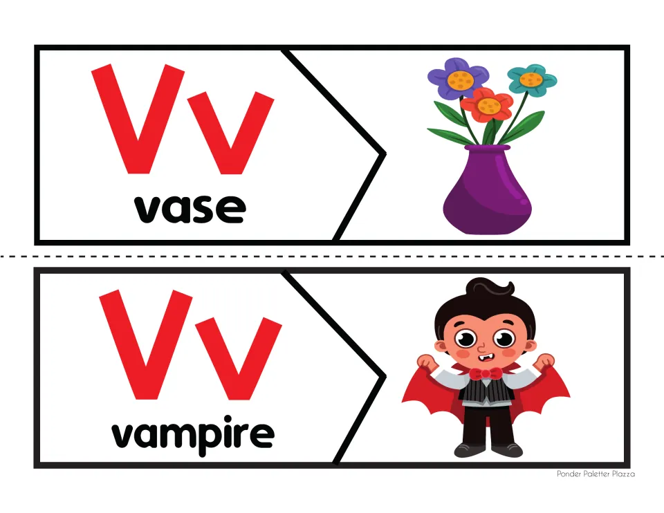 Vv sound match puzzles for vase and vampire: students fit each word piece to the vase of flowers or the vampire picture