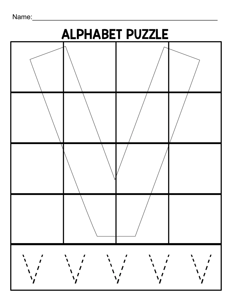 Uppercase V puzzle mat for 16 pieces, with a letter outline for matching and five capital Vs to trace