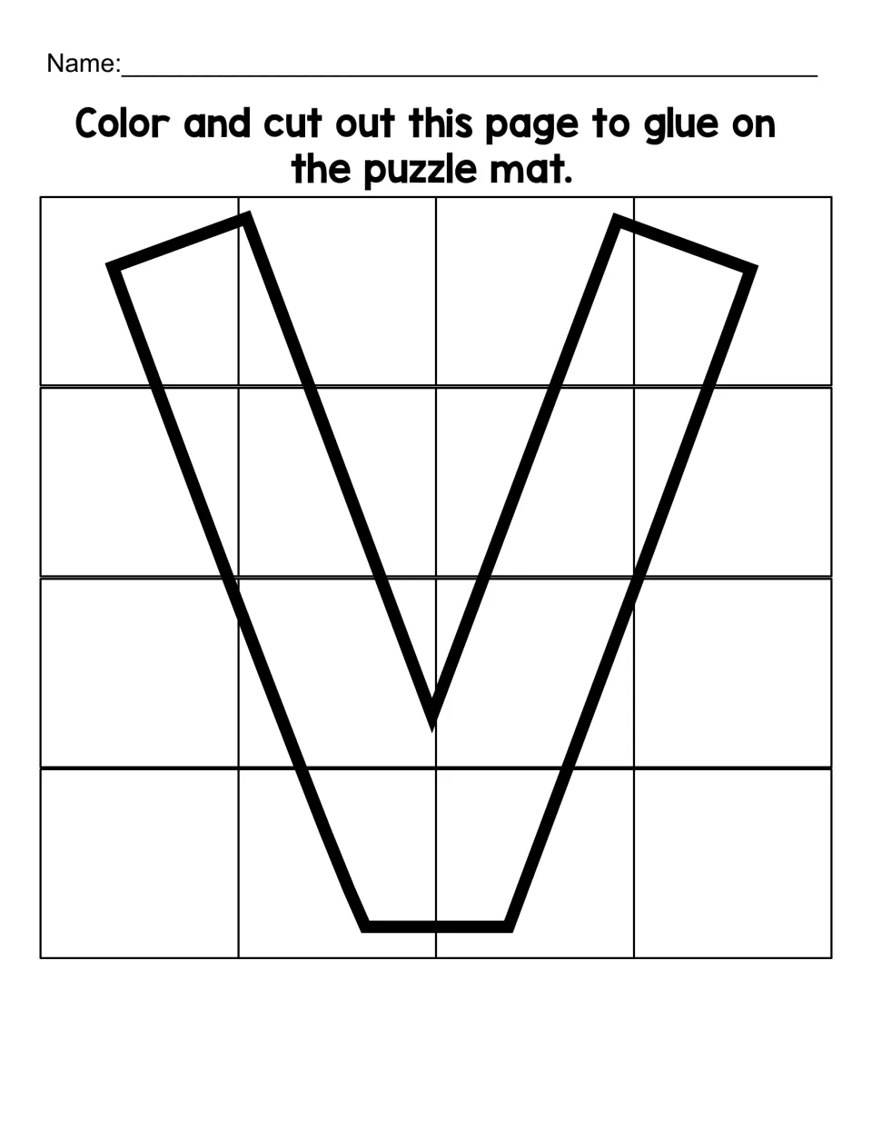 Uppercase V puzzle sheet with 16 pieces to color, cut apart, and glue onto the matching letter V mat