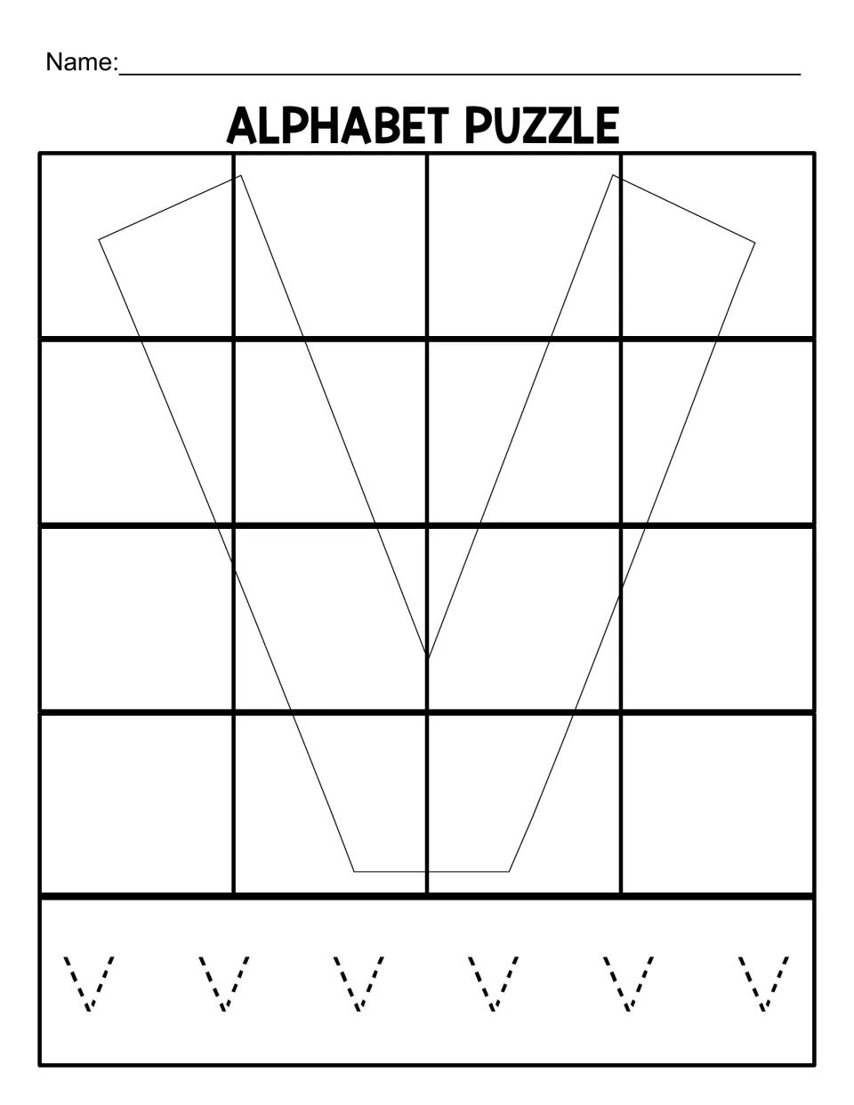 Lowercase v puzzle mat for 16 pieces, with a letter outline for matching and six lowercase vs to trace