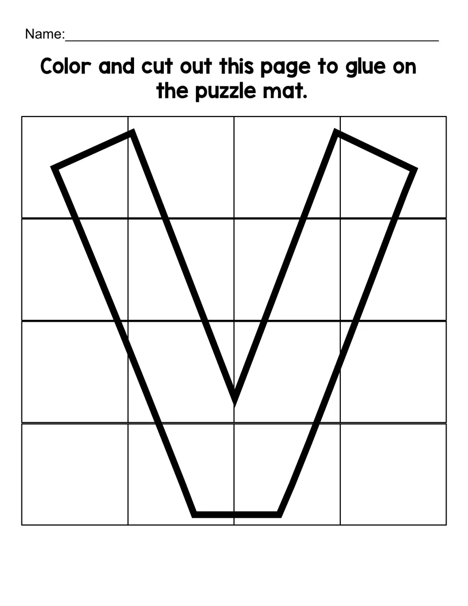 Lowercase v puzzle sheet with 16 pieces to color, cut apart, and glue onto the matching letter v mat