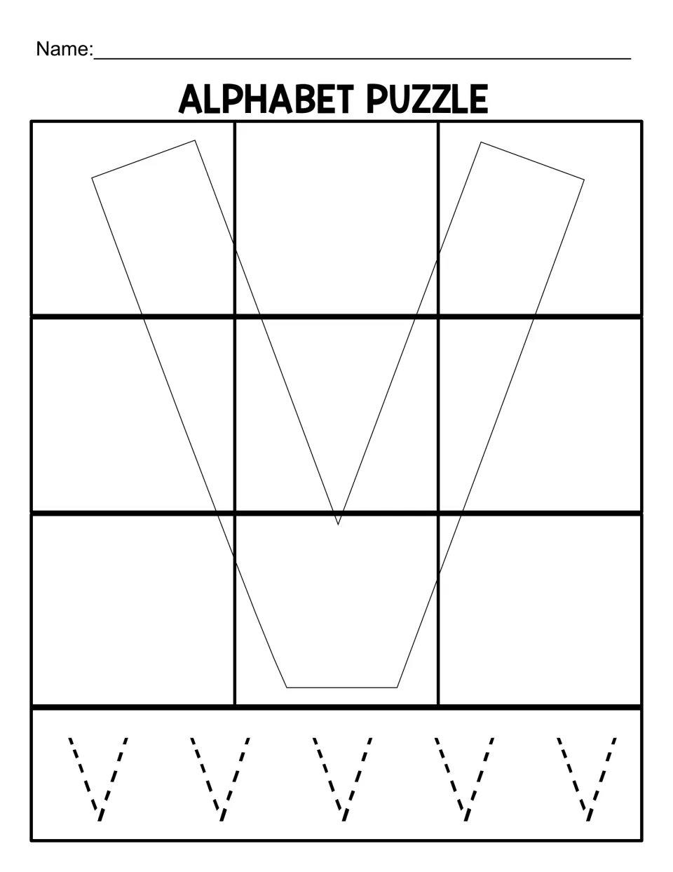 Uppercase V puzzle mat for nine pieces, with a letter outline for matching and five capital Vs to trace