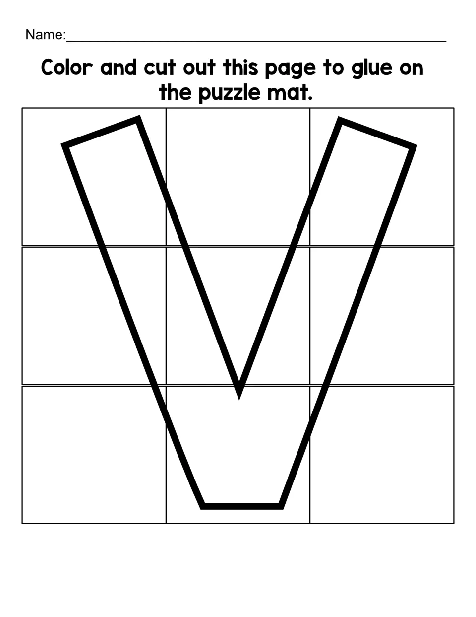 Uppercase V puzzle sheet with nine pieces to color, cut apart, and glue onto the matching letter V mat