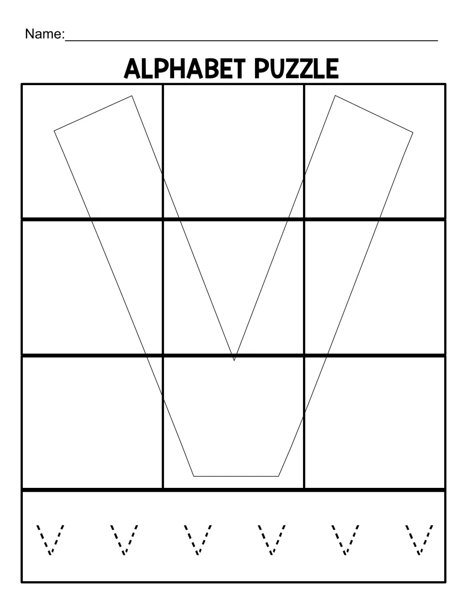 Lowercase v puzzle mat for nine pieces, with a letter outline for matching and six lowercase vs to trace