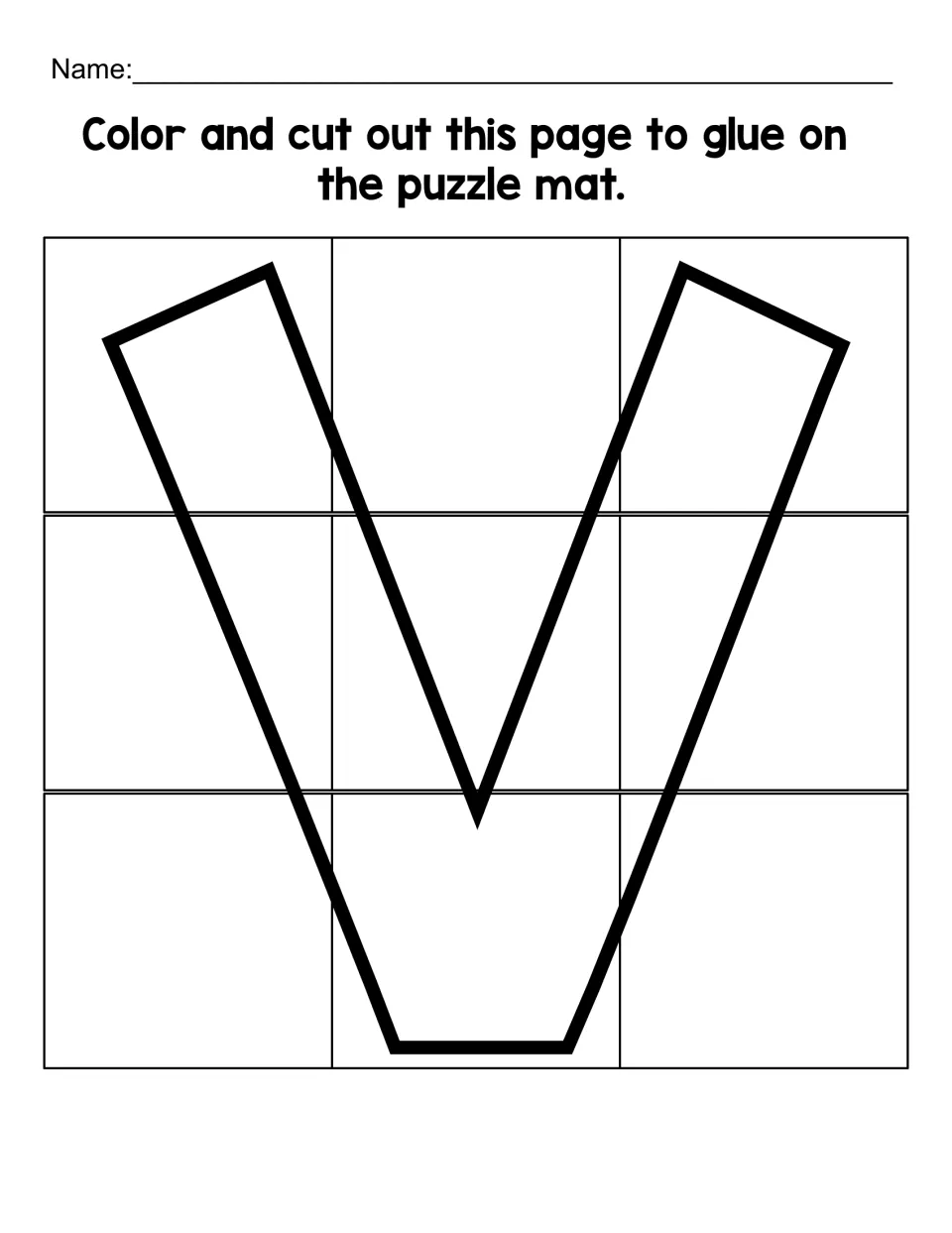 Lowercase v puzzle sheet with nine pieces to color, cut apart, and glue onto the matching letter v mat