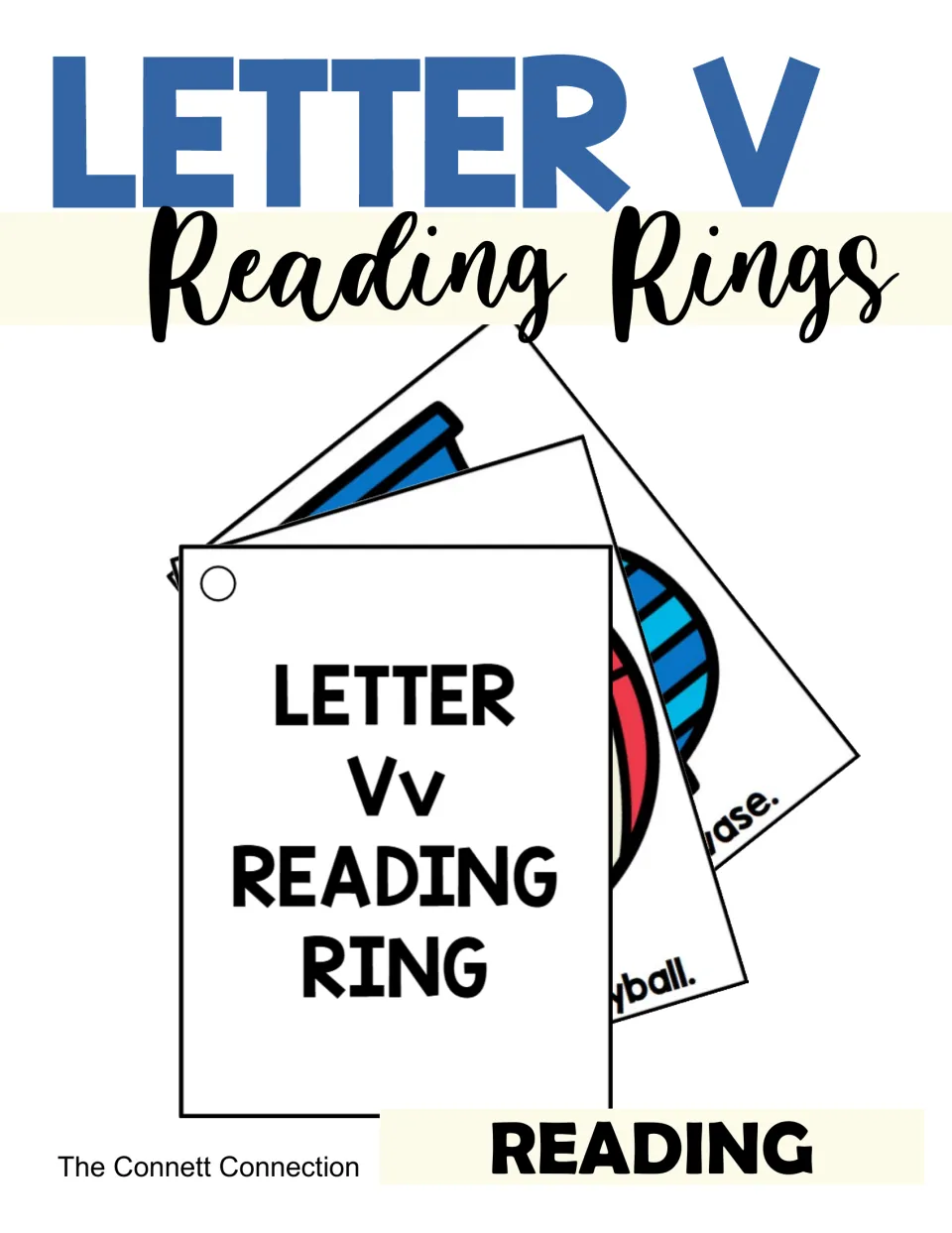 Letter V Reading Rings cover: fanned hole-punched cards show a Vv title card, a volleyball card and a vase card