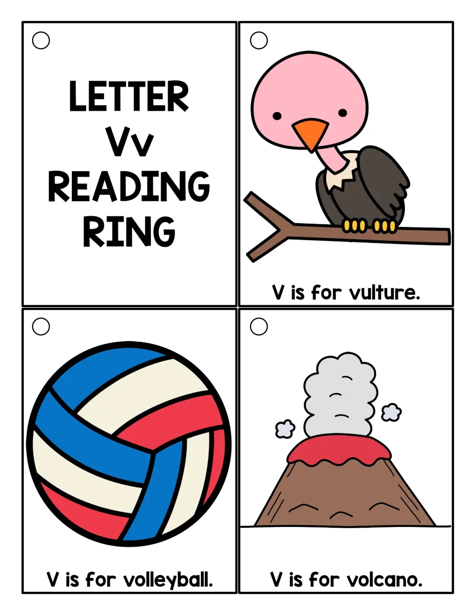 Letter V picture cards in color: a Vv title card plus vulture, volleyball and volcano, each read as V is for ___