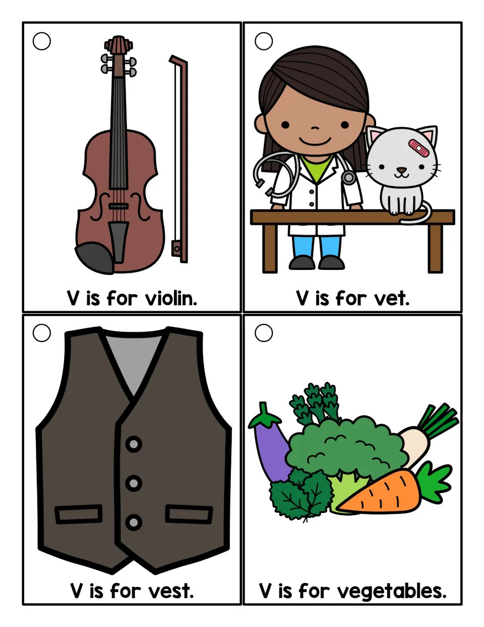 Letter V color cards for violin, vet, vest and vegetables, each with the sentence V is for ___ to read aloud