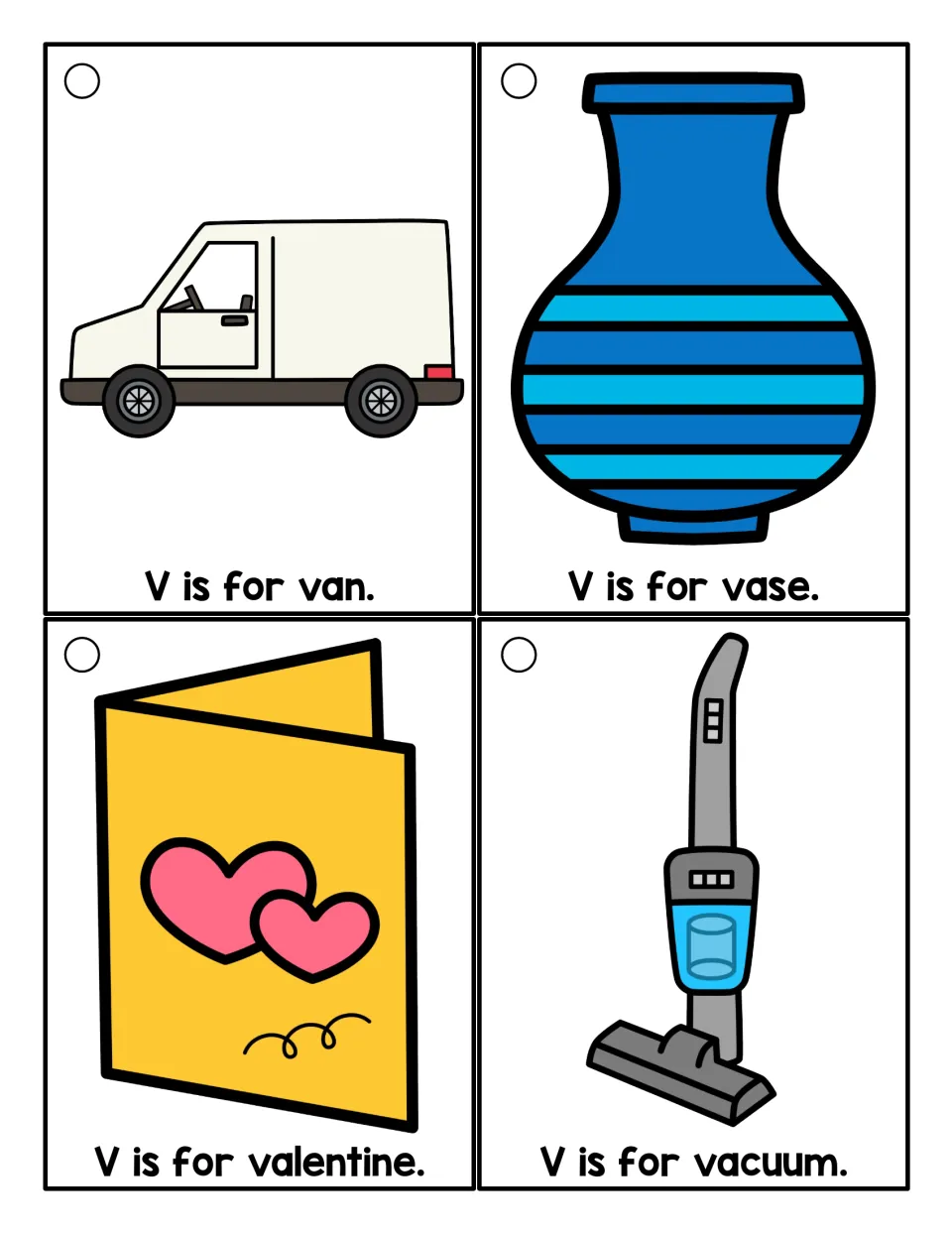 Letter V color cards for van, vase, valentine and vacuum; students read each V is for ___ sentence with picture clues