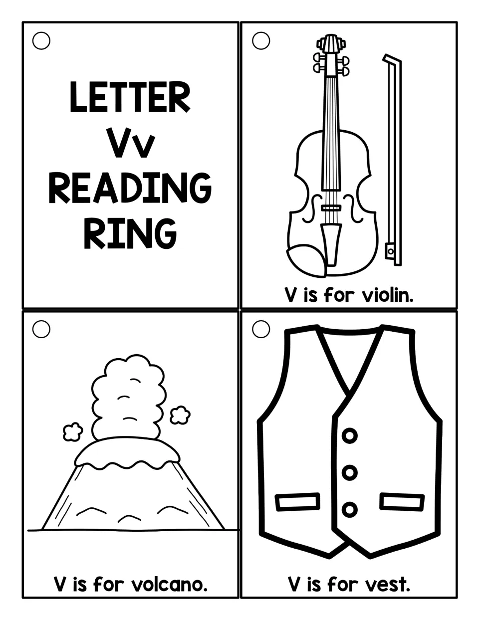 Black-and-white letter V cards to color: Vv title card plus violin, volcano and vest with V is for ___ sentences