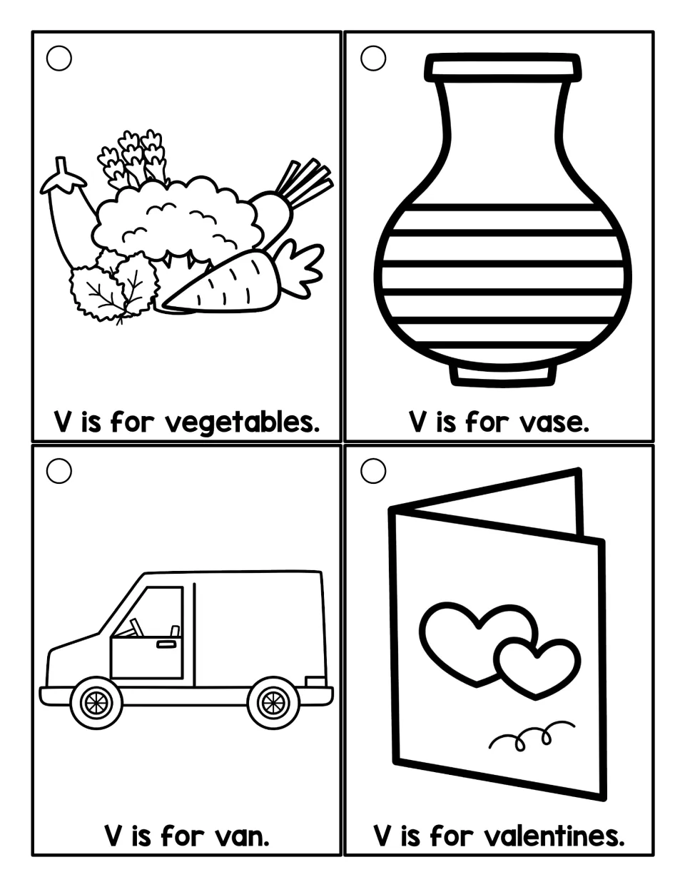 Black-and-white letter V cards to color showing vegetables, vase, van and valentines, each labeled V is for ___