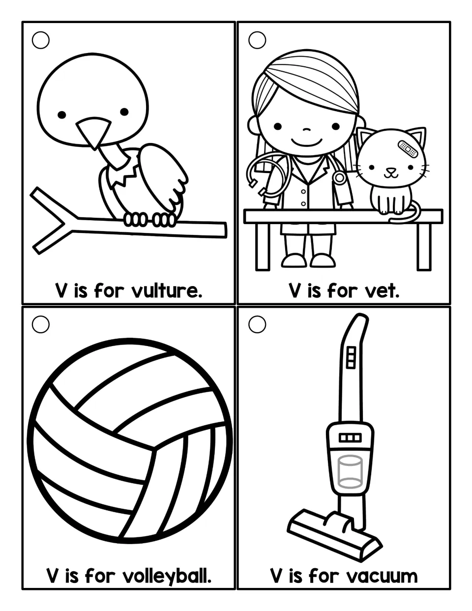 Black-and-white letter V cards to color showing vulture, vet, volleyball and vacuum with V is for ___ sentences