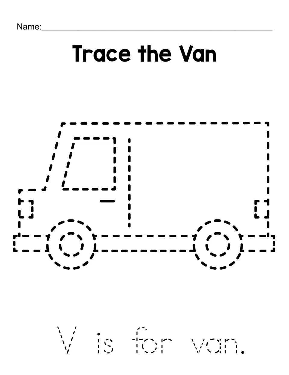 Trace the Van: students trace a dashed van drawing and the dotted sentence "V is for van." for letter V handwriting