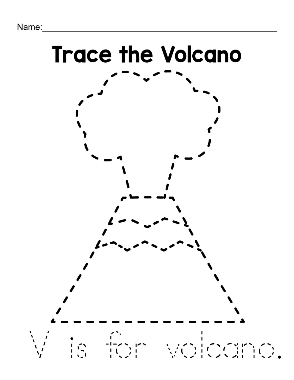Trace the Volcano: students trace a dashed volcano with a smoke cloud, then the dotted sentence "V is for volcano."