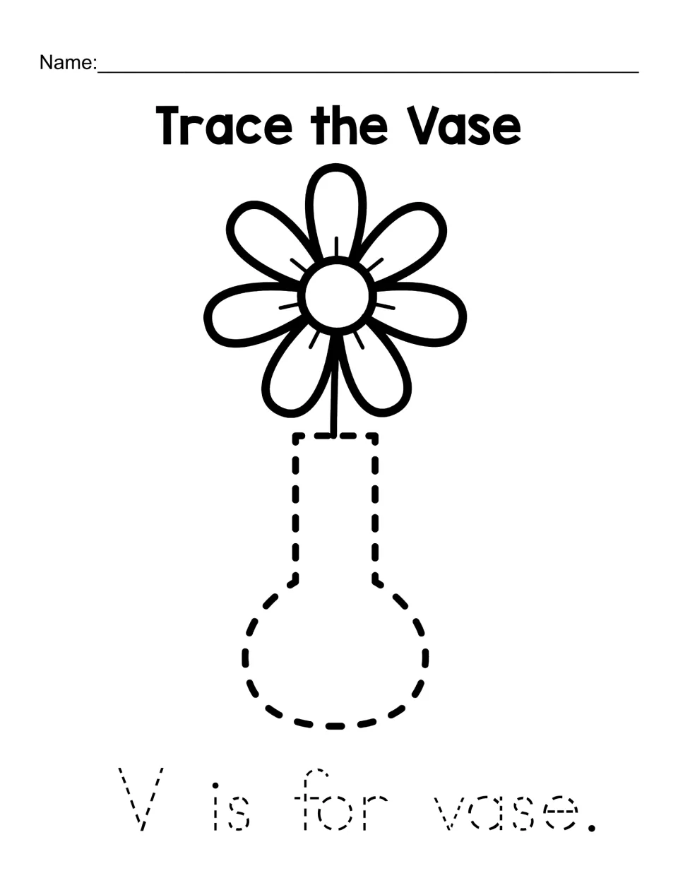 Trace the Vase: students trace a dashed vase holding a flower, then the dotted sentence "V is for vase." to practise V