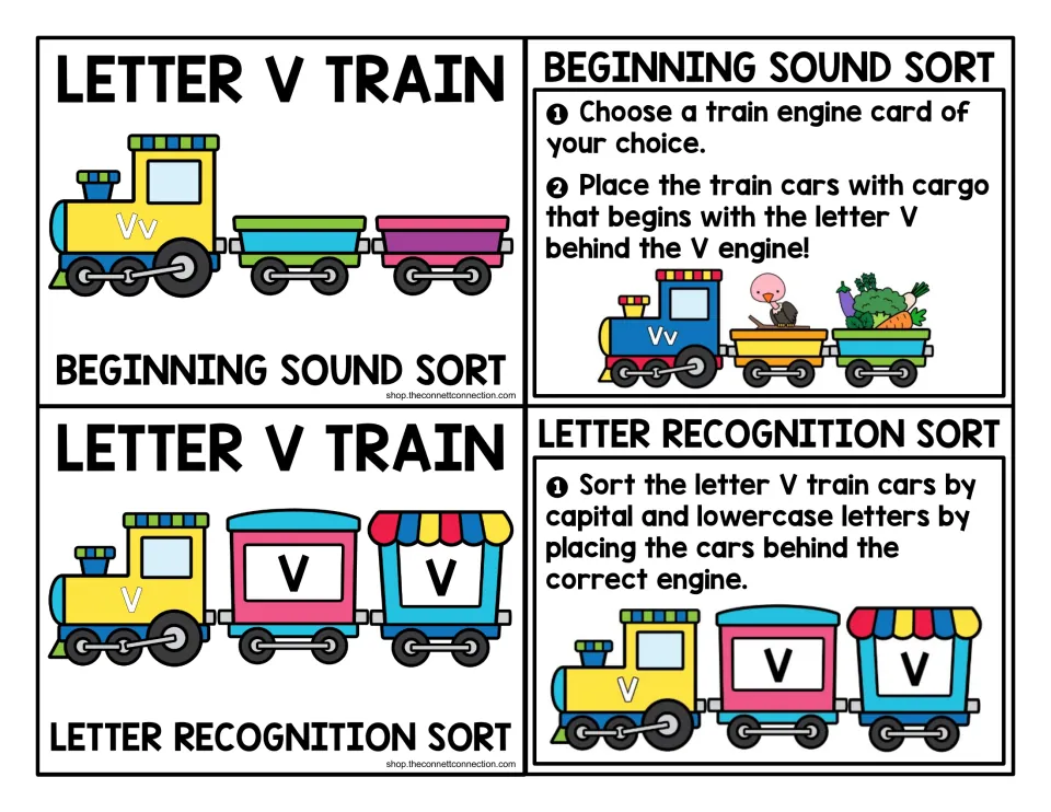 Letter V train center cards: title and direction cards for a beginning sound sort and a capital/lowercase V letter sort