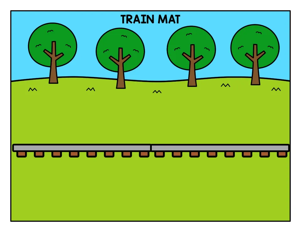 Train mat with a row of four trees above a grassy railroad track for building a train of letter V cards