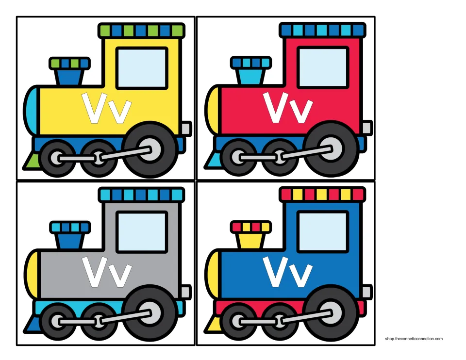 Engine cards: four train engines in yellow, red, gray and blue, each labeled Vv, to lead the beginning sound sort