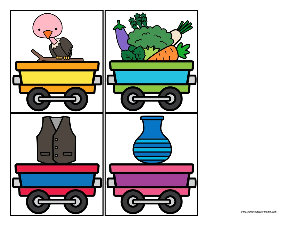 Beginning sound V cargo cars: train cars carrying a vulture, vegetables, a vest and a vase for students to sort