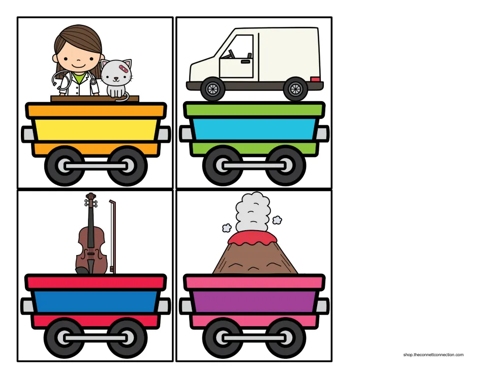 V sound picture cars carrying a vet with a cat, a van, a violin and a volcano for students to sort by beginning sound