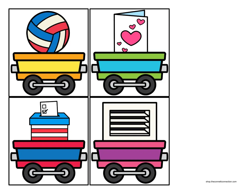 Cargo cars for the V sound: a volleyball, a valentine, a vote ballot box and an air vent, each riding on a train car