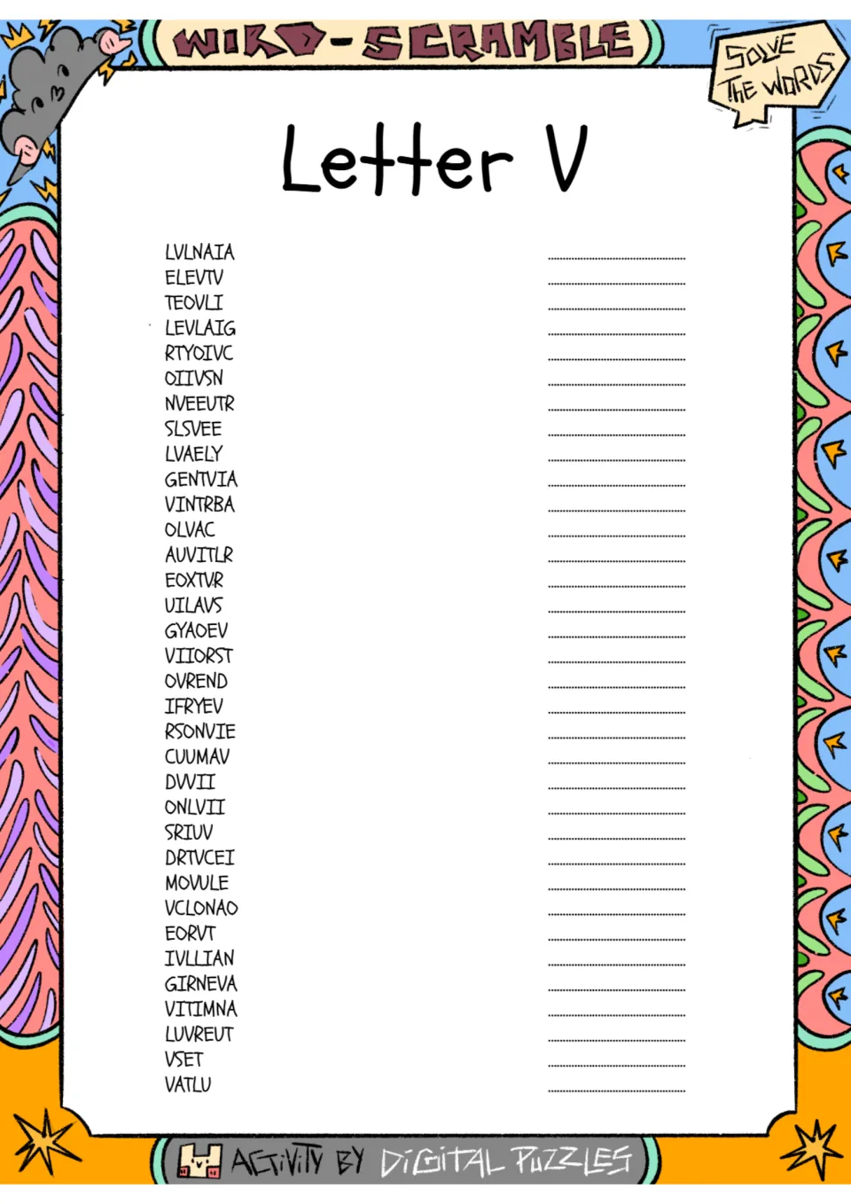 Letter V word scramble: students unscramble 34 jumbled words such as LVLNAIA and write each V word on the blank line