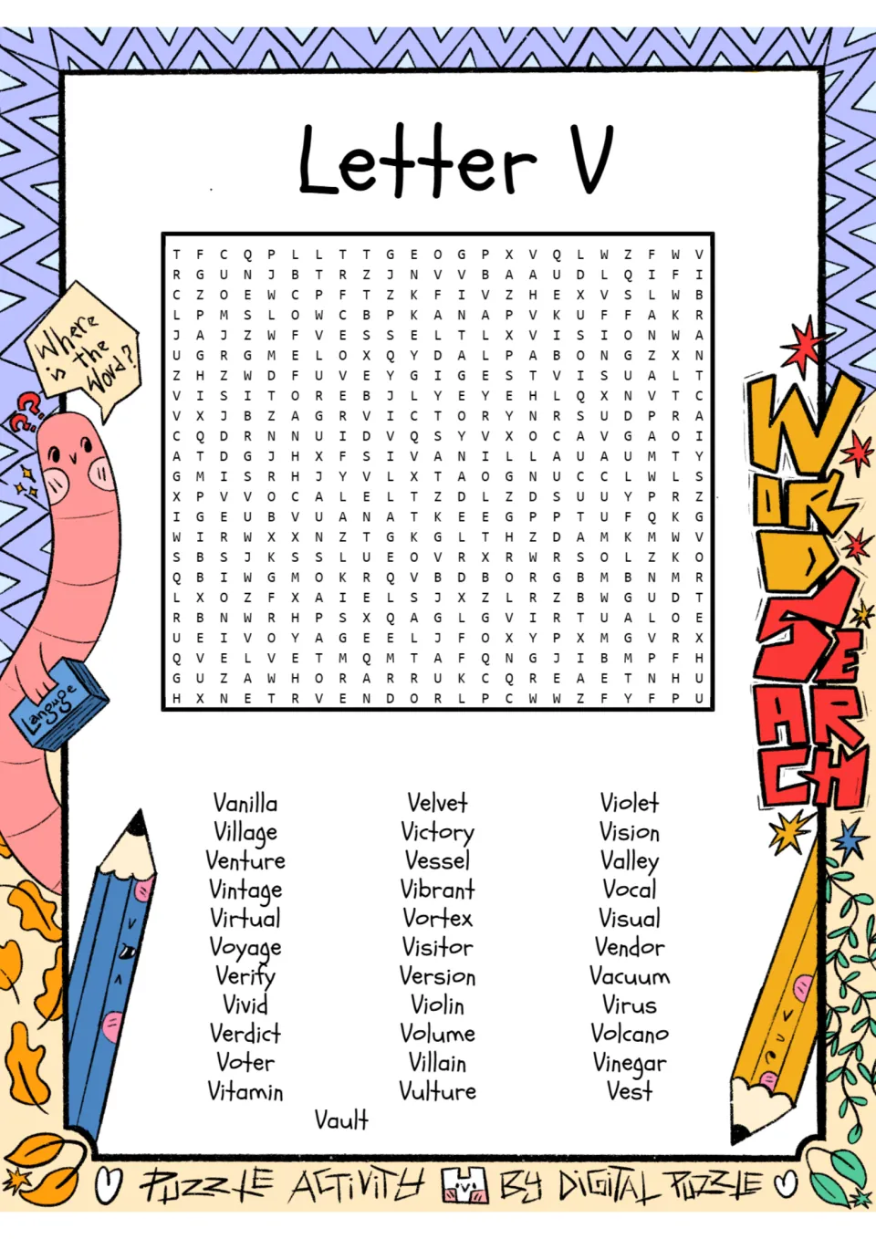 Letter V word search: students find 34 V words such as vanilla, violin, volcano and vinegar hidden in the letter puzzle